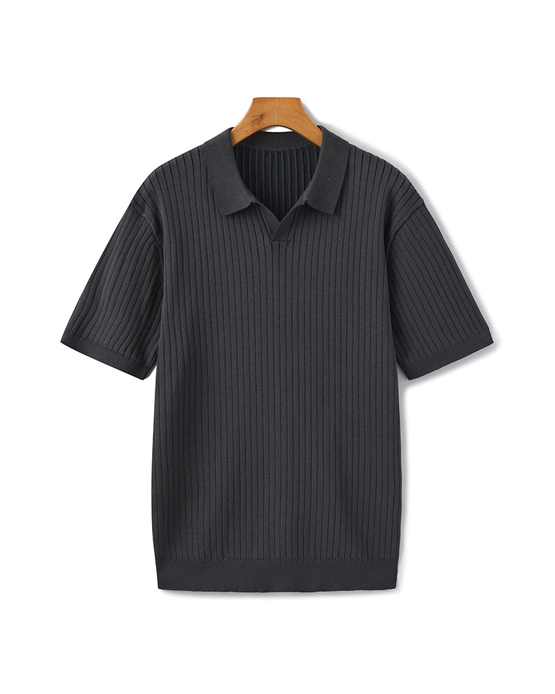 Męskie Polo z Otwartych Kołnierzem V | Struktura w Pionowe Prążki | Casual Smart Fit | Na Ciepłe Sezony i Półsezon