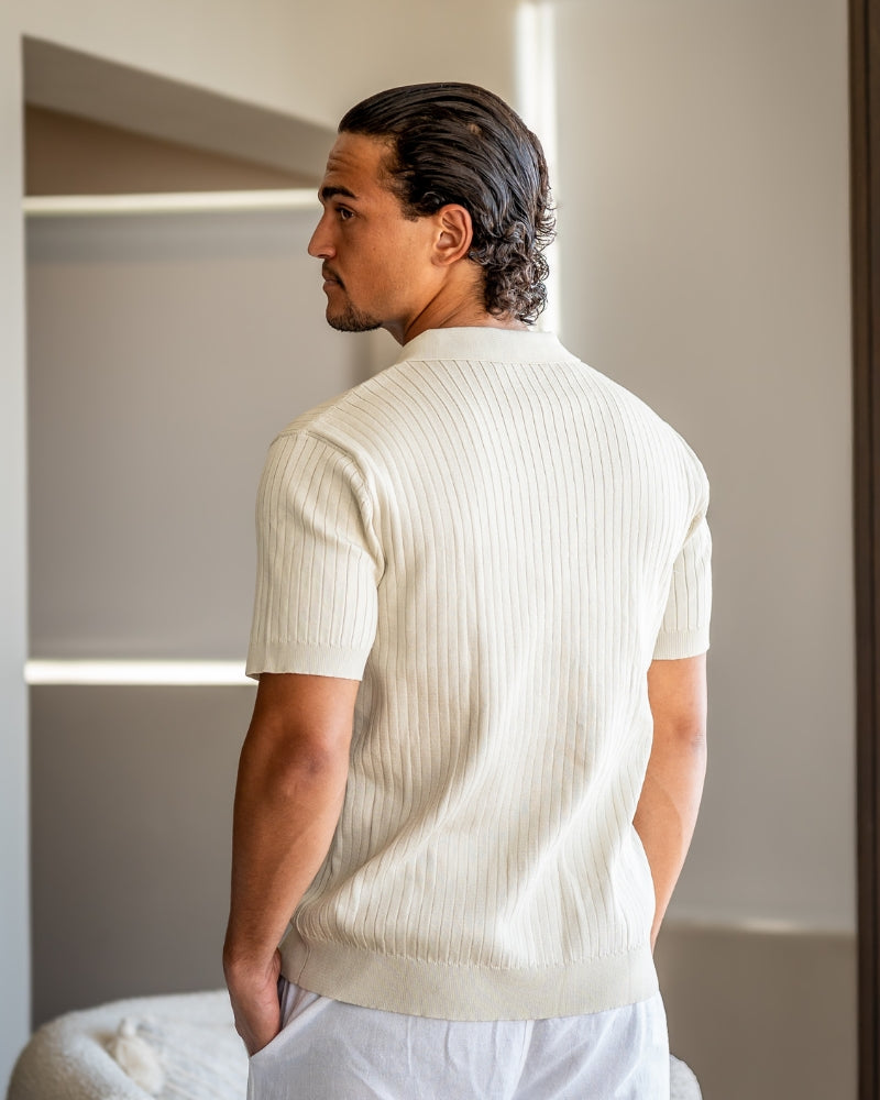 Męskie Polo z Otwartych Kołnierzem V | Struktura w Pionowe Prążki | Casual Smart Fit | Na Ciepłe Sezony i Półsezon