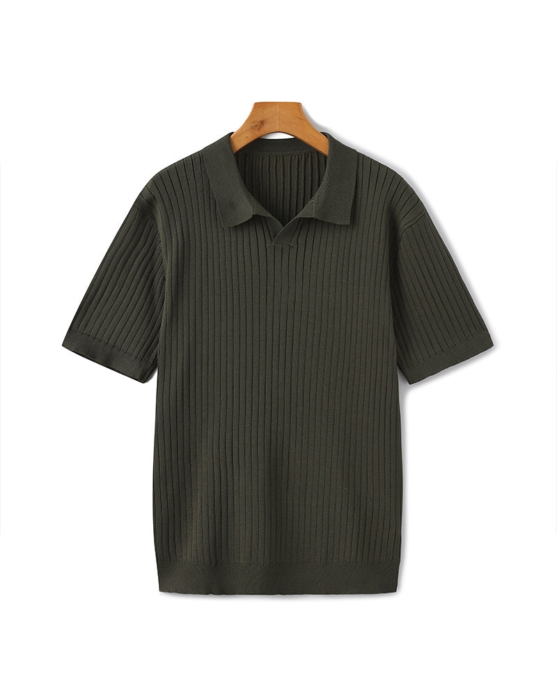 Męskie Polo z Otwartych Kołnierzem V | Struktura w Pionowe Prążki | Casual Smart Fit | Na Ciepłe Sezony i Półsezon