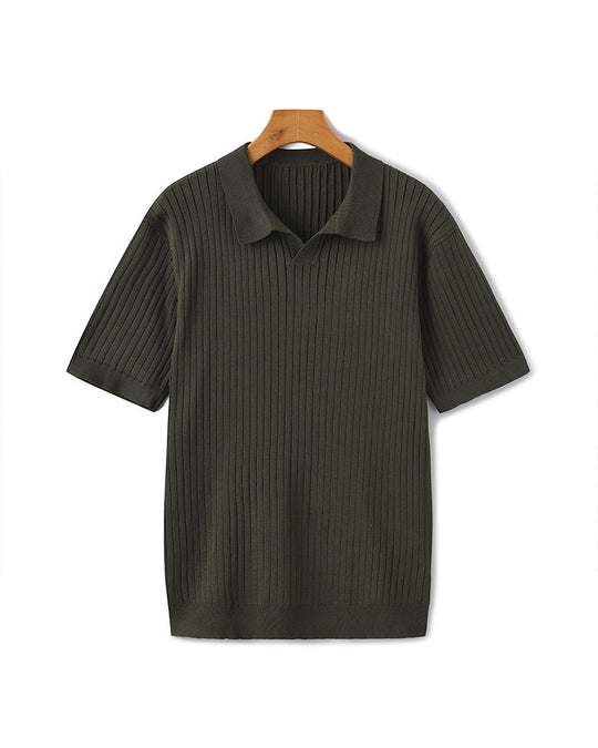 Męskie Polo z Otwartych Kołnierzem V | Struktura w Pionowe Prążki | Casual Smart Fit | Na Ciepłe Sezony i Półsezon