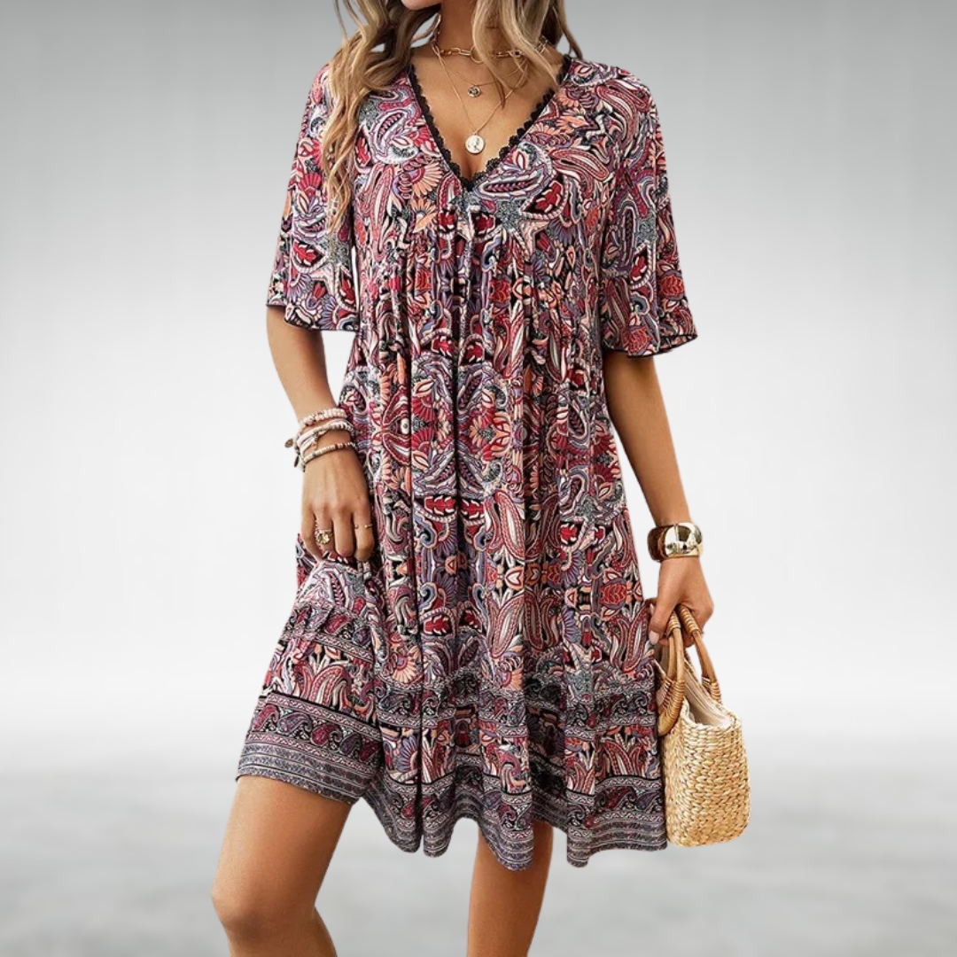 Ines | Damska sukienka mini boho z dekoltem V | Kwiatowy wzór paisley | Rozkloszowane rękawy | Letnia sukienka