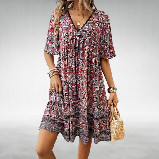 Ines | Damska sukienka mini boho z dekoltem V | Kwiatowy wzór paisley | Rozkloszowane rękawy | Letnia sukienka