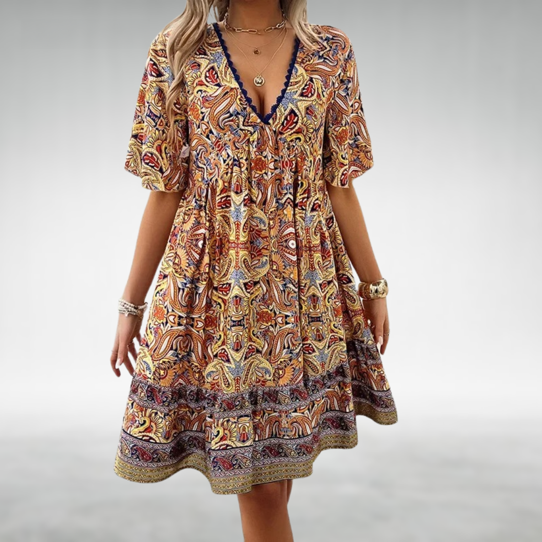 Ines | Damska sukienka mini boho z dekoltem V | Kwiatowy wzór paisley | Rozkloszowane rękawy | Letnia sukienka