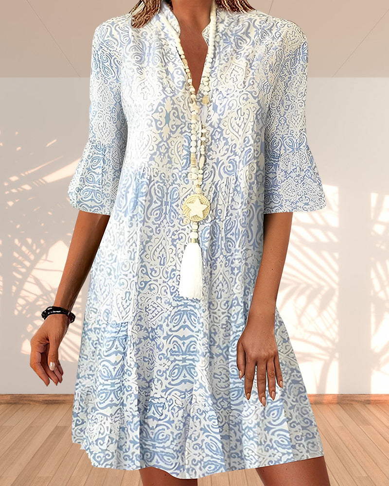 Iris | Damska Sukienka Boho Mini z Dekoltem V | Wzór Paisley | Rękawy Dzwonowe 3/4 | Luźny Fason A-Line | Wiosna i Lato