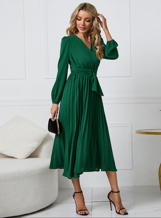 Isabeau - Sukienka midi damska | Dekolt V, plisowana spódnica A, bufiaste rękawy | Elegancki styl na wesele