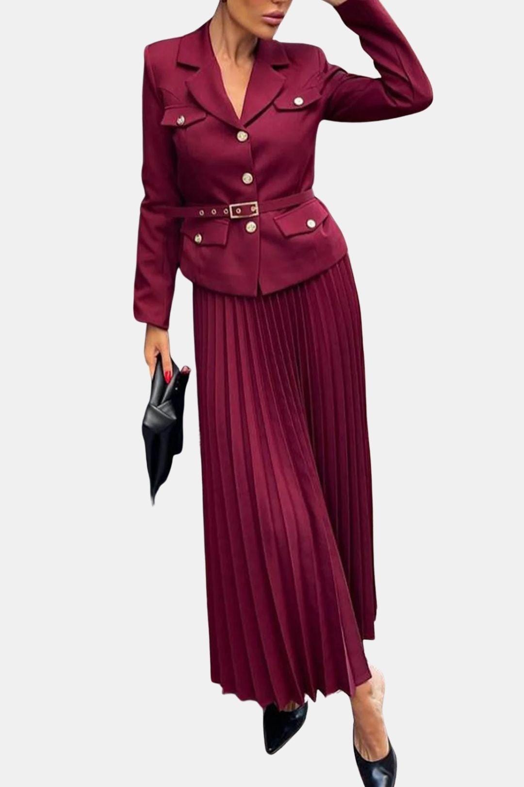 Karina | Zestaw Żakietu z Paskiem i Spódnicy Plisowanej | Elegancki, Dopasowany Look