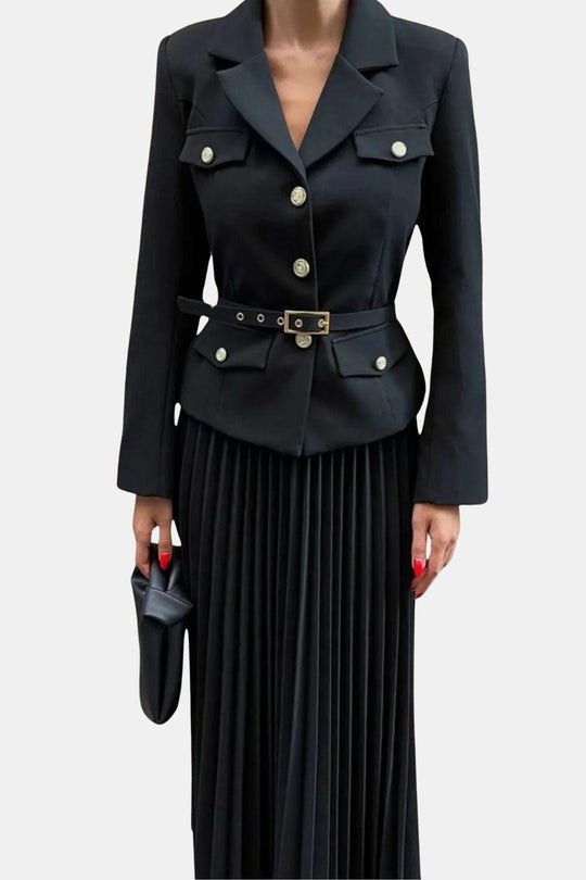 Karina | Zestaw Żakietu z Paskiem i Spódnicy Plisowanej | Elegancki, Dopasowany Look