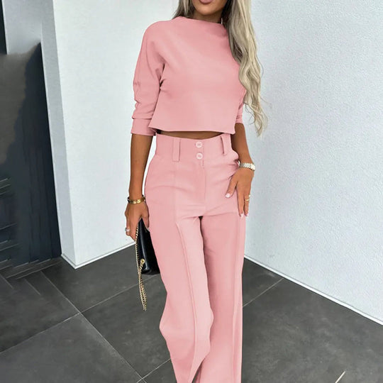 Kobieta | Zestaw 2-częściowy | Top z Krótkim Rękawem | Luźne Spodnie | Styl Casual Elegancki