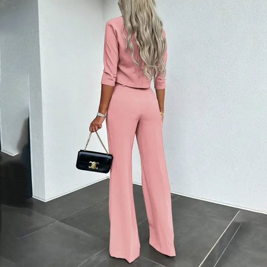 Kobieta | Zestaw 2-częściowy | Top z Krótkim Rękawem | Luźne Spodnie | Styl Casual Elegancki