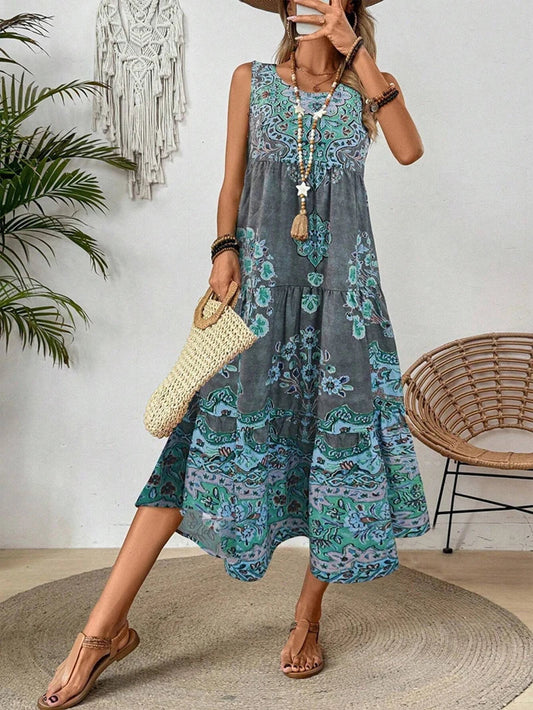 Lena - Sukienka midi damska bez rękawów | Wzór paisley, krój A, marszczona talia | Styl boho na lato