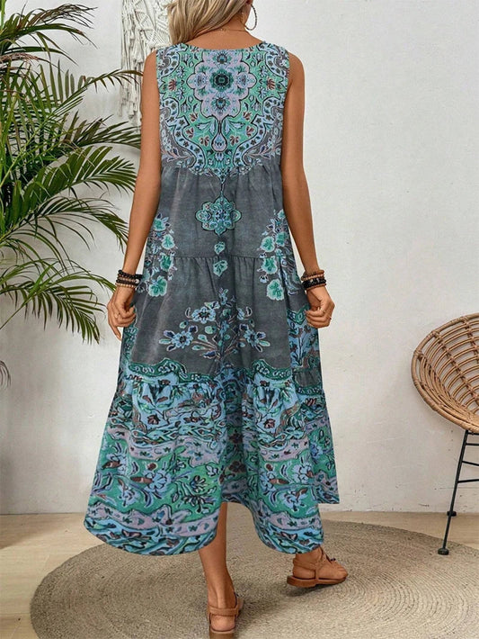 Lena - Sukienka midi damska bez rękawów | Wzór paisley, krój A, marszczona talia | Styl boho na lato