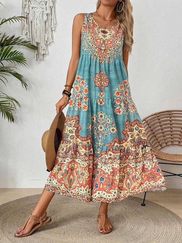 Lena | Sukienka Midi Boho Damska Bez Rękawów | Wzór Paisley Mandala | Krój A-Linii | Na Lato i Wakacje
