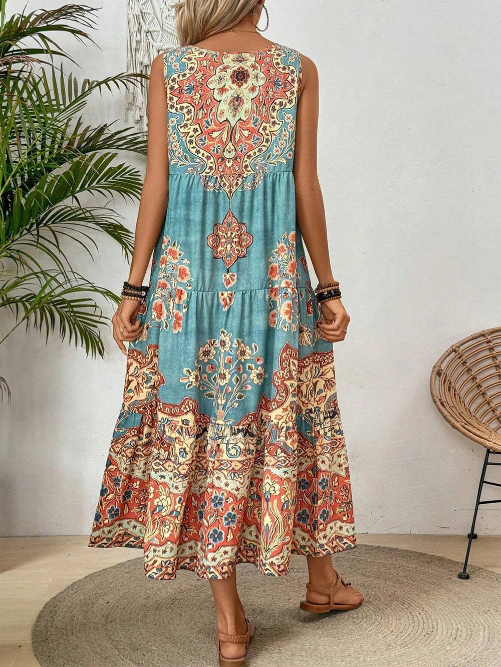 Lena | Sukienka Midi Boho Damska Bez Rękawów | Wzór Paisley Mandala | Krój A-Linii | Na Lato i Wakacje