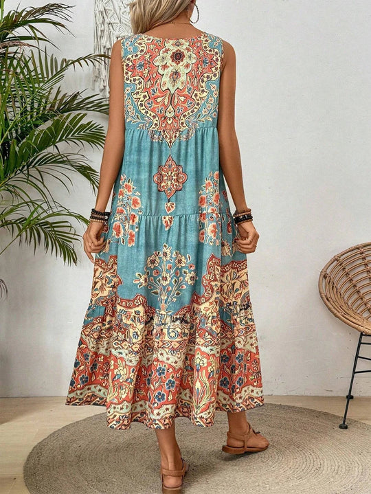 Lena | Sukienka Midi Boho Damska Bez Rękawów | Wzór Paisley Mandala | Krój A-Linii | Na Lato i Wakacje