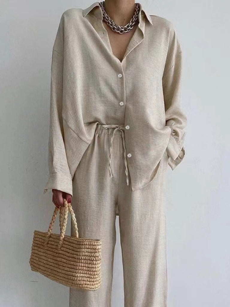 Dominique | Lniany Zestaw Damski z Bluzką i Szerokimi Spodniami | Lekki, Elegancki Look