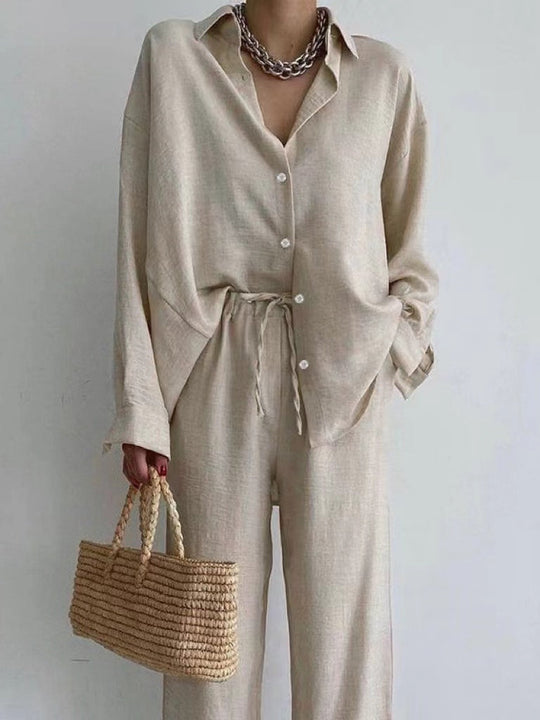 Dominique | Lniany Zestaw Damski z Bluzką i Szerokimi Spodniami | Lekki, Elegancki Look