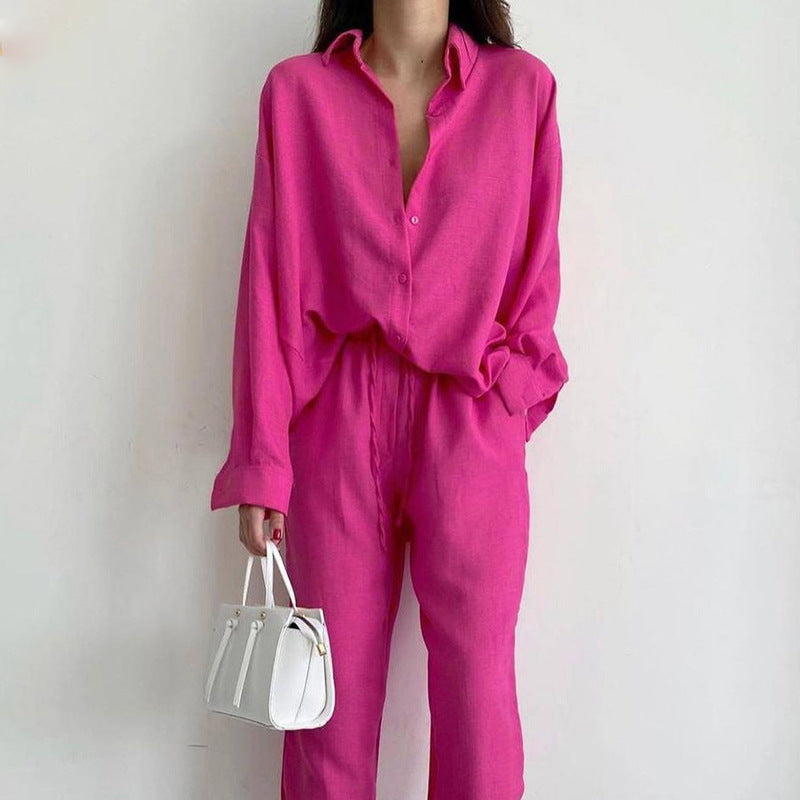 Dominique | Lniany Zestaw Damski z Bluzką i Szerokimi Spodniami | Lekki, Elegancki Look