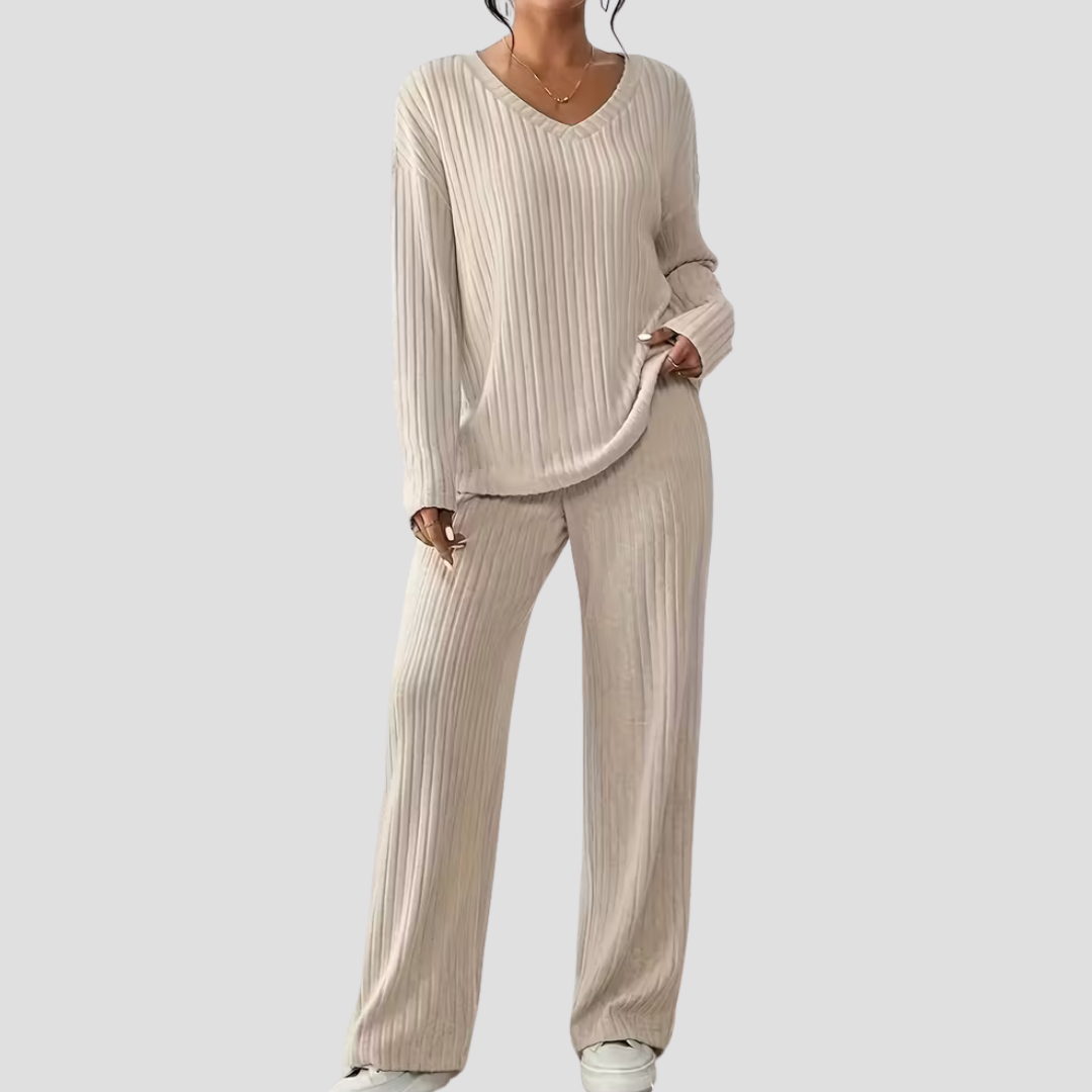 Damski | Komplet Loungewear | Prążkowany | V-dekolt | Szerokie Nogawki | Luźny Krój