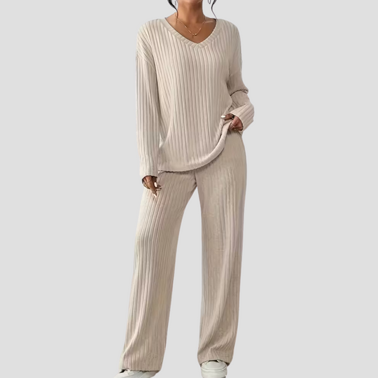 Damski | Komplet Loungewear | Prążkowany | V-dekolt | Szerokie Nogawki | Luźny Krój