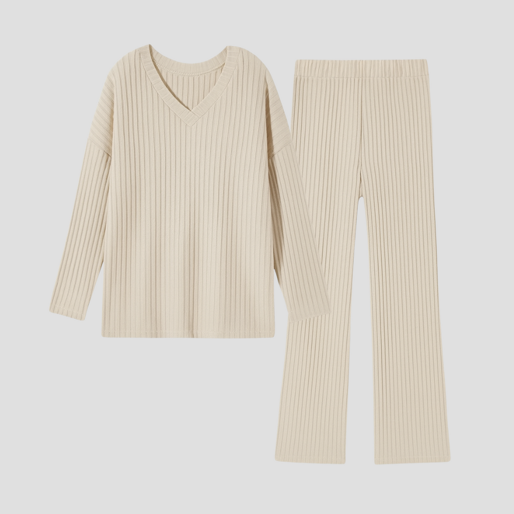 Damski | Komplet Loungewear | Prążkowany | V-dekolt | Szerokie Nogawki | Luźny Krój