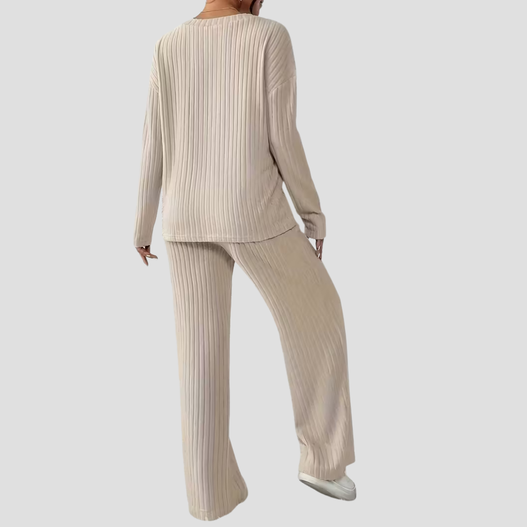 Damski | Komplet Loungewear | Prążkowany | V-dekolt | Szerokie Nogawki | Luźny Krój