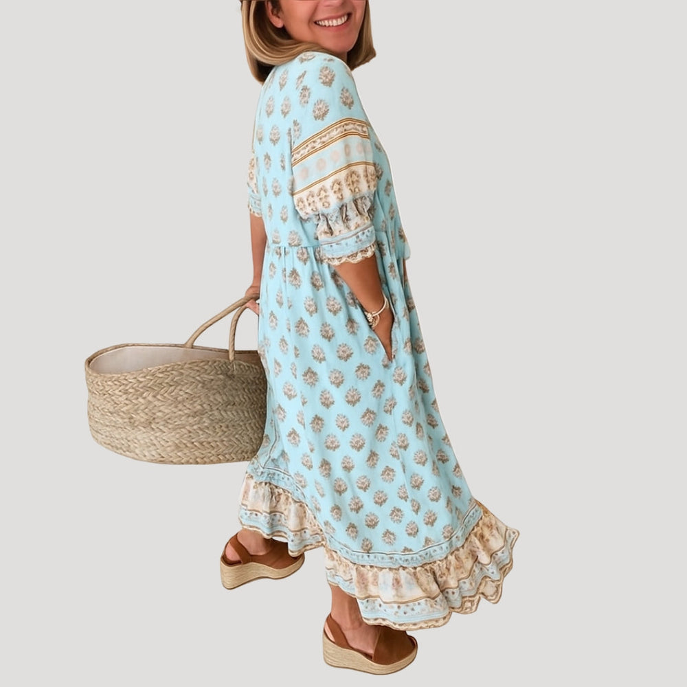 Madelon | Damska Sukienka Boho Midi z Kieszeniami | Luźny Fason | Lekka Sukienka Plażowa | Wiosna i Lato