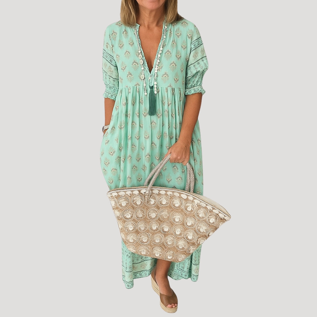 Madelon | Damska Sukienka Boho Midi z Kieszeniami | Luźny Fason | Lekka Sukienka Plażowa | Wiosna i Lato