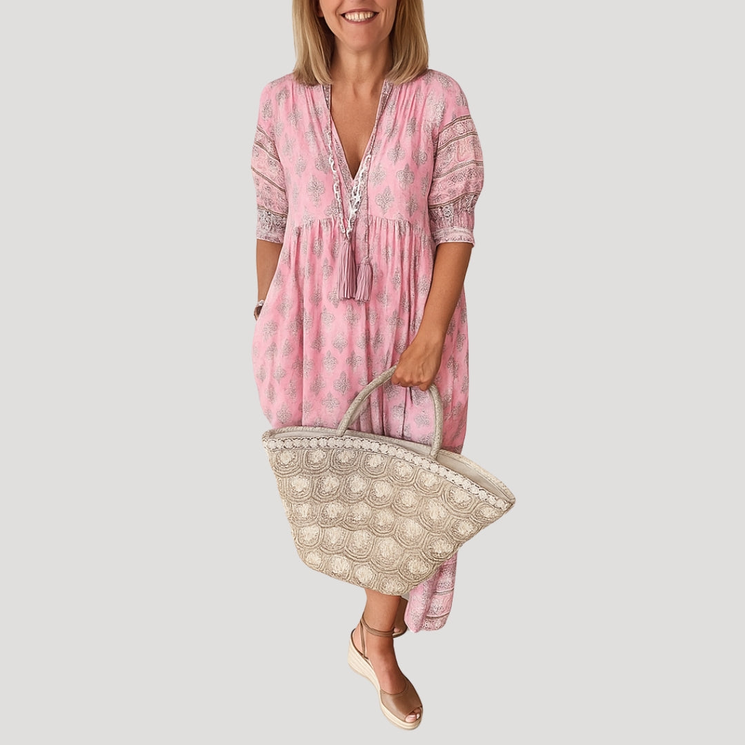 Madelon | Damska Sukienka Boho Midi z Kieszeniami | Luźny Fason | Lekka Sukienka Plażowa | Wiosna i Lato