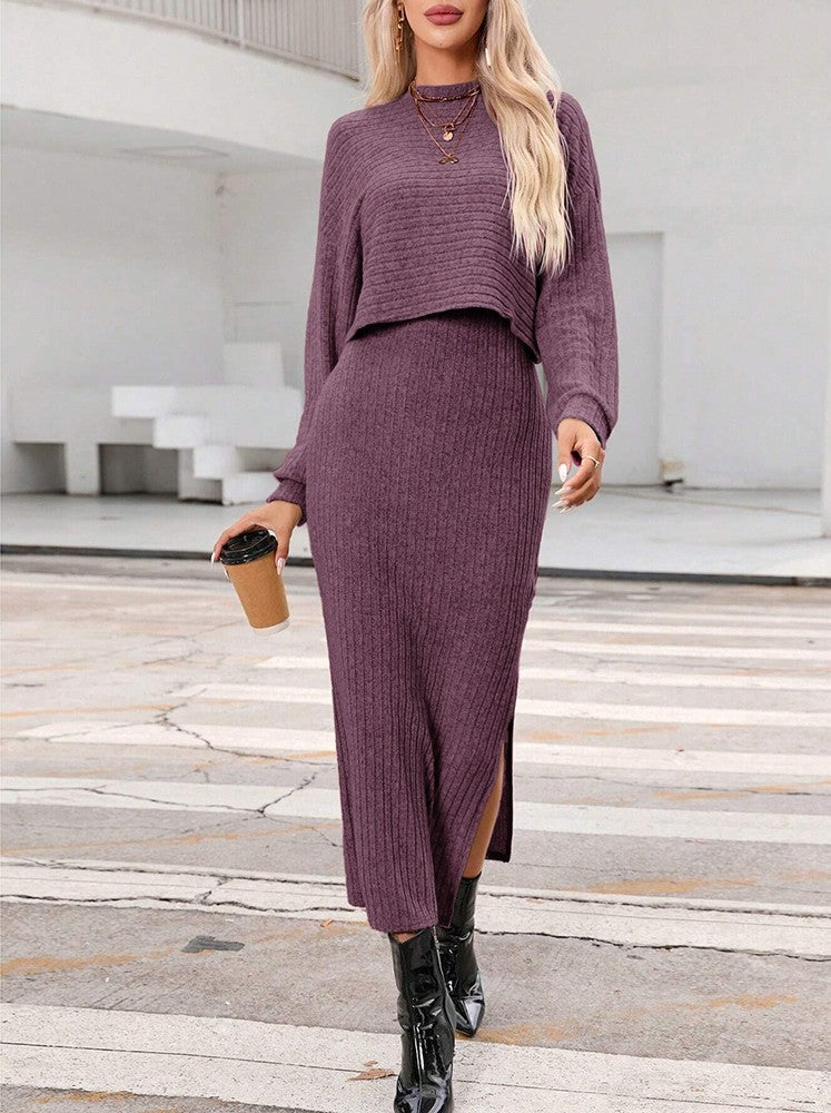 Kobieta | Stylowy Zestaw 2-częściowy | Długa Sukienka | Bluzka z Długim Rękawem | Styl Elegancki