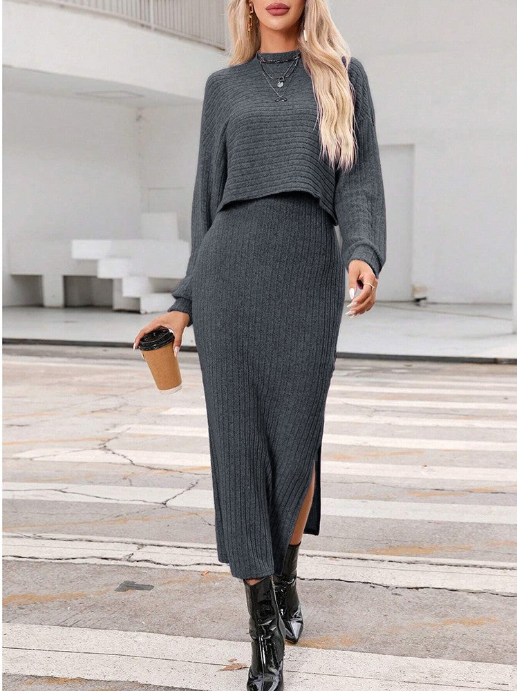 Kobieta | Stylowy Zestaw 2-częściowy | Długa Sukienka | Bluzka z Długim Rękawem | Styl Elegancki