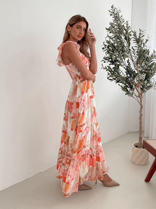 Kobieta | Sukienka Maxi | Warstwowa Spódnica | Głęboki Dekolt | Falbaniaste Rękawy | Print