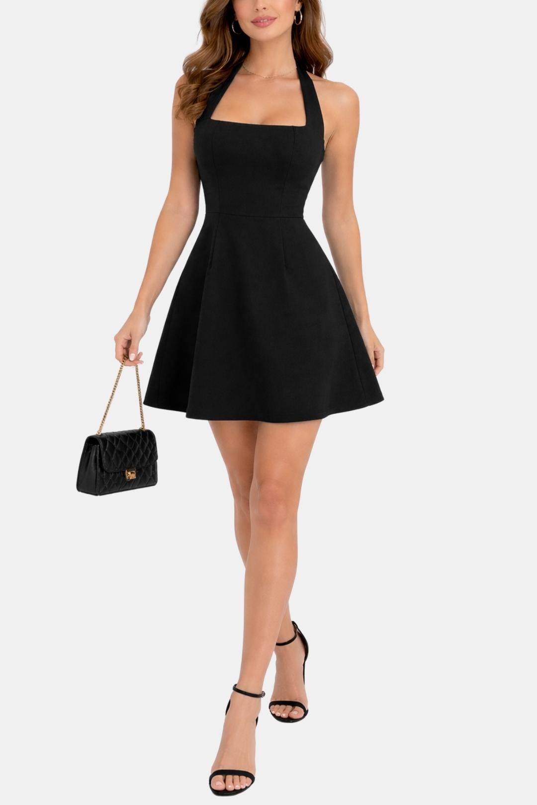 Marloes | Damska sukienka koktajlowa mini halter | Kwadratowy dekolt | Sukienka A-line na wesele i przyjęcia