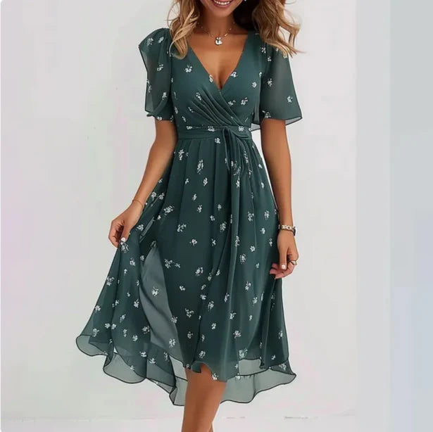 Maud | Elegancka Damska Sukienka Midi w Kwiaty | Kopertowy Fason | Dekolt V | Lekka Letnia Sukienka