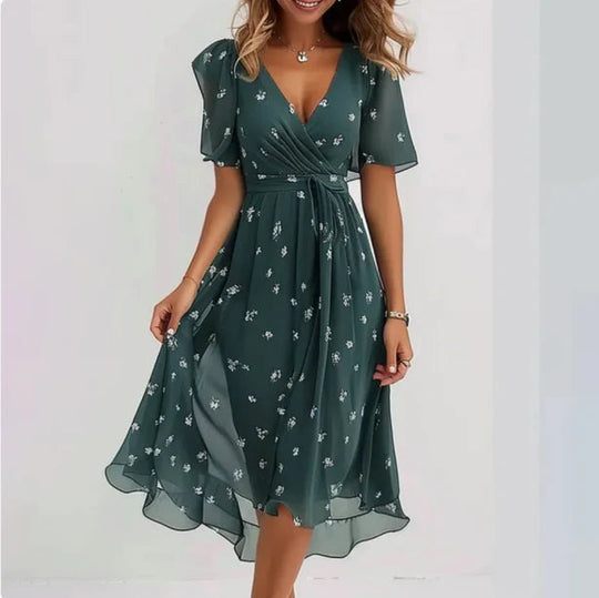 Maud | Elegancka Damska Sukienka Midi w Kwiaty | Kopertowy Fason | Dekolt V | Lekka Letnia Sukienka