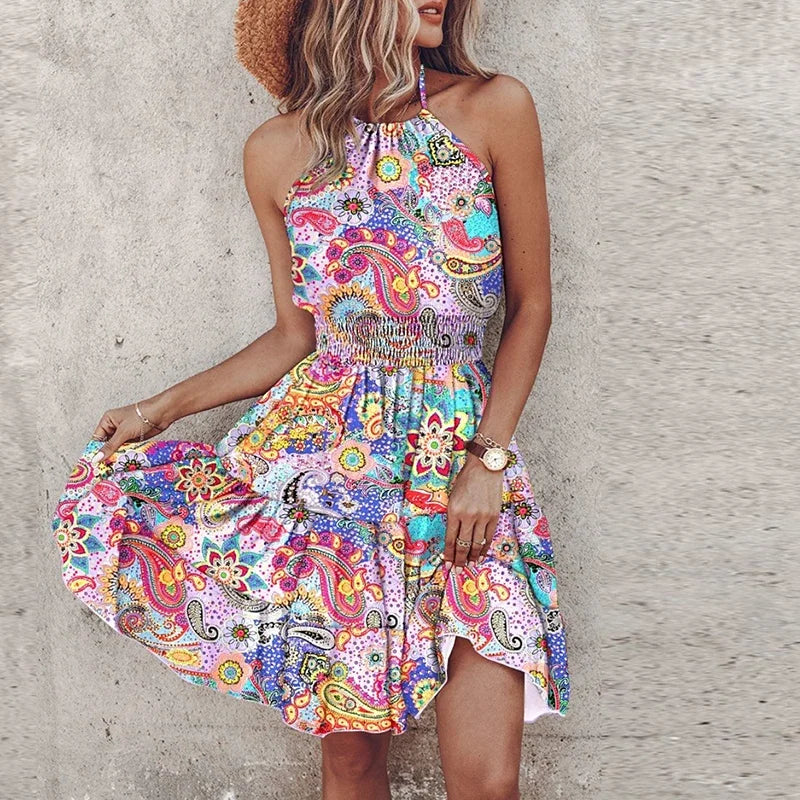 Nina | Damska sukienka mini halter w stylu boho | Marszczona talia | Warstwowa letnia sukienka