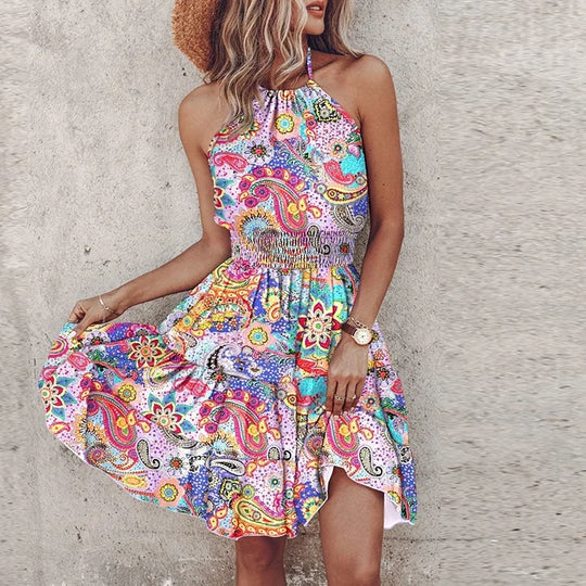 Nina | Damska sukienka mini halter w stylu boho | Marszczona talia | Warstwowa letnia sukienka