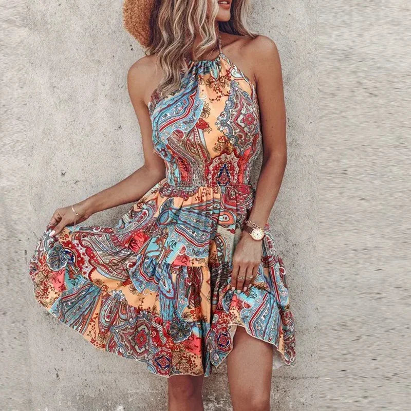 Nina | Damska sukienka mini halter w stylu boho | Marszczona talia | Warstwowa letnia sukienka