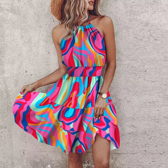 Nina | Damska sukienka mini halter w stylu boho | Marszczona talia | Warstwowa letnia sukienka