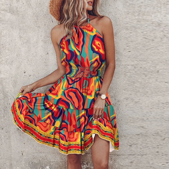 Nina | Damska sukienka mini halter w stylu boho | Marszczona talia | Warstwowa letnia sukienka