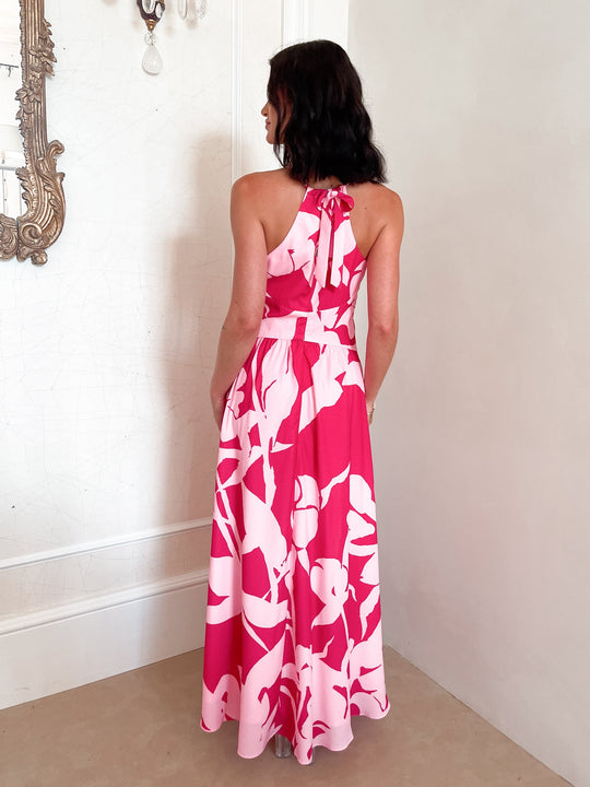 Kobieta | Sukienka Maxi | Dekolt Halter | Zwiewny Dół | Print | Elegancki Fason