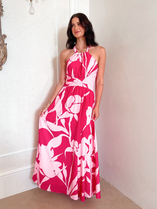 Kobieta | Sukienka Maxi | Dekolt Halter | Zwiewny Dół | Print | Elegancki Fason