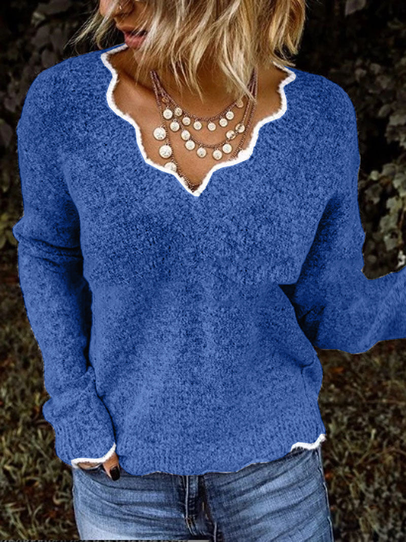 Sweter damski – Luźny krój – Wełna – Falbaniasty dekolt – Miękki casualowy pulower
