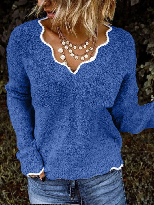 Sweter damski – Luźny krój – Wełna – Falbaniasty dekolt – Miękki casualowy pulower