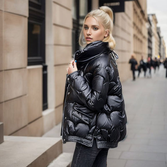 Modna Krótka Puchowa Kurtka Bawełniana Damska | Stójkowy Kołnierz | Ciepło i Styl | Luźny Komfort