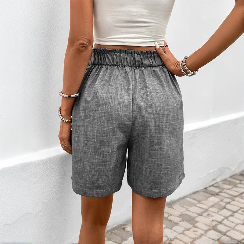 Damskie Szorty z Wysokim Stanem i Zakładkami z Przodu | Kieszenie Boczne | Dekoracyjne Guziki | Letni Styl Casual i Elegancki