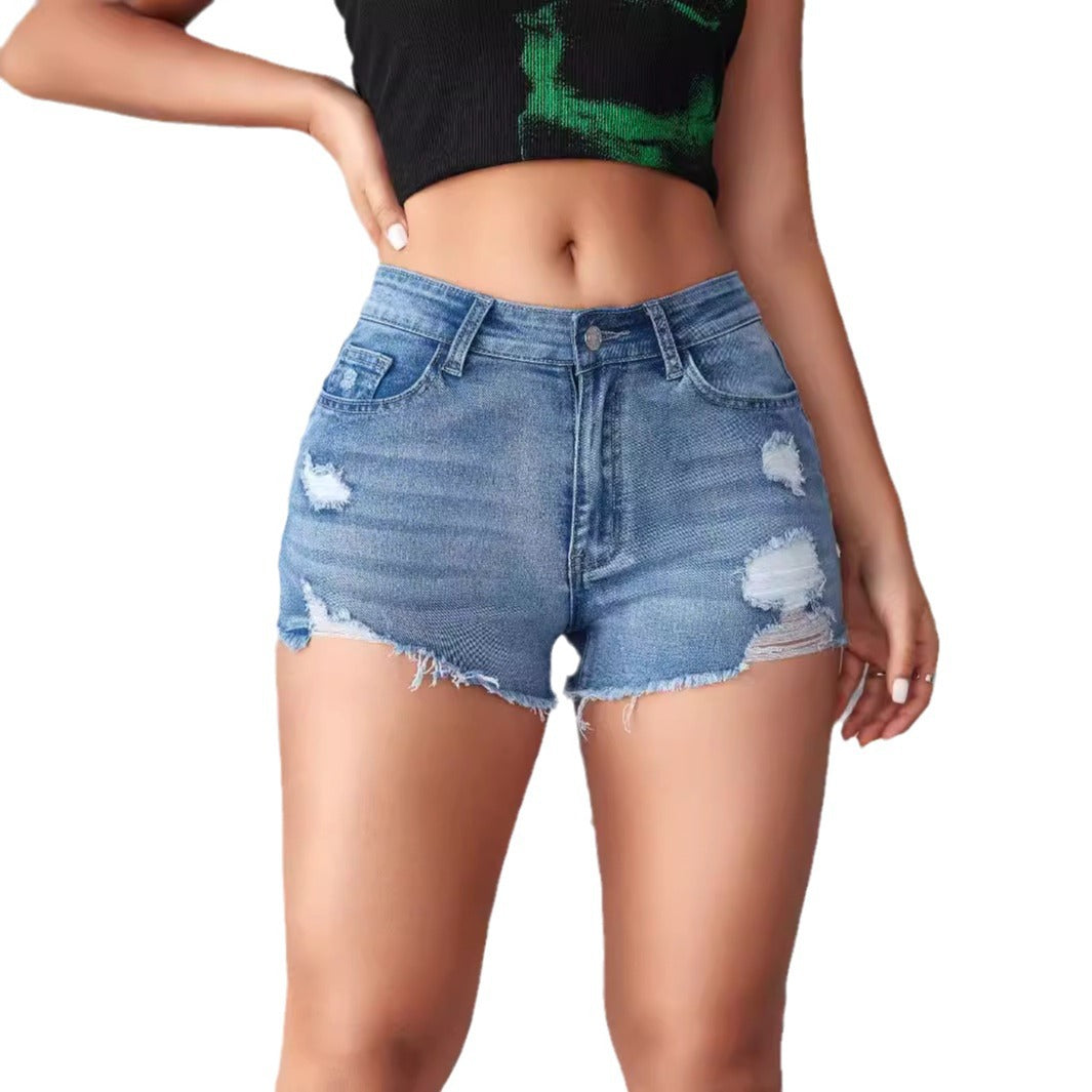 Damskie Szorty Jeansowe z Wysokim Stanem | Modne Przetarcia | Krótki Krój | Letnie Szorty Denim Casual