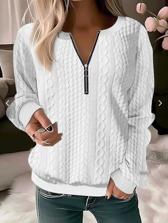 Sweter damski – Wełna mix – Luźny krój – Kabelkowy splot – Zamek błyskawiczny – Rybaczki