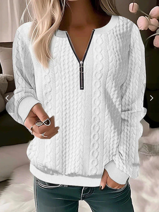 Sweter damski – Wełna mix – Luźny krój – Kabelkowy splot – Zamek błyskawiczny – Rybaczki