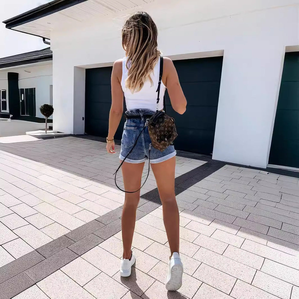 Damskie Szorty Jeansowe z Wysokim Stanem | Podwinięte Nogawki | Elastyczny Denim | Kieszenie | Letnie Szorty Casual