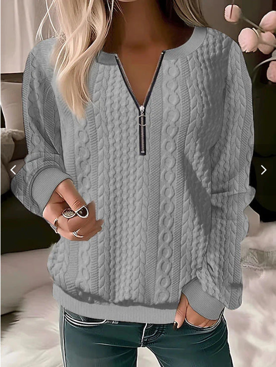Sweter damski – Wełna mix – Luźny krój – Kabelkowy splot – Zamek błyskawiczny – Rybaczki